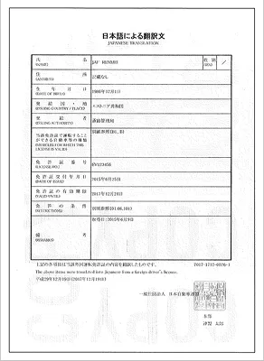 国内運転免許証の日本語翻訳
